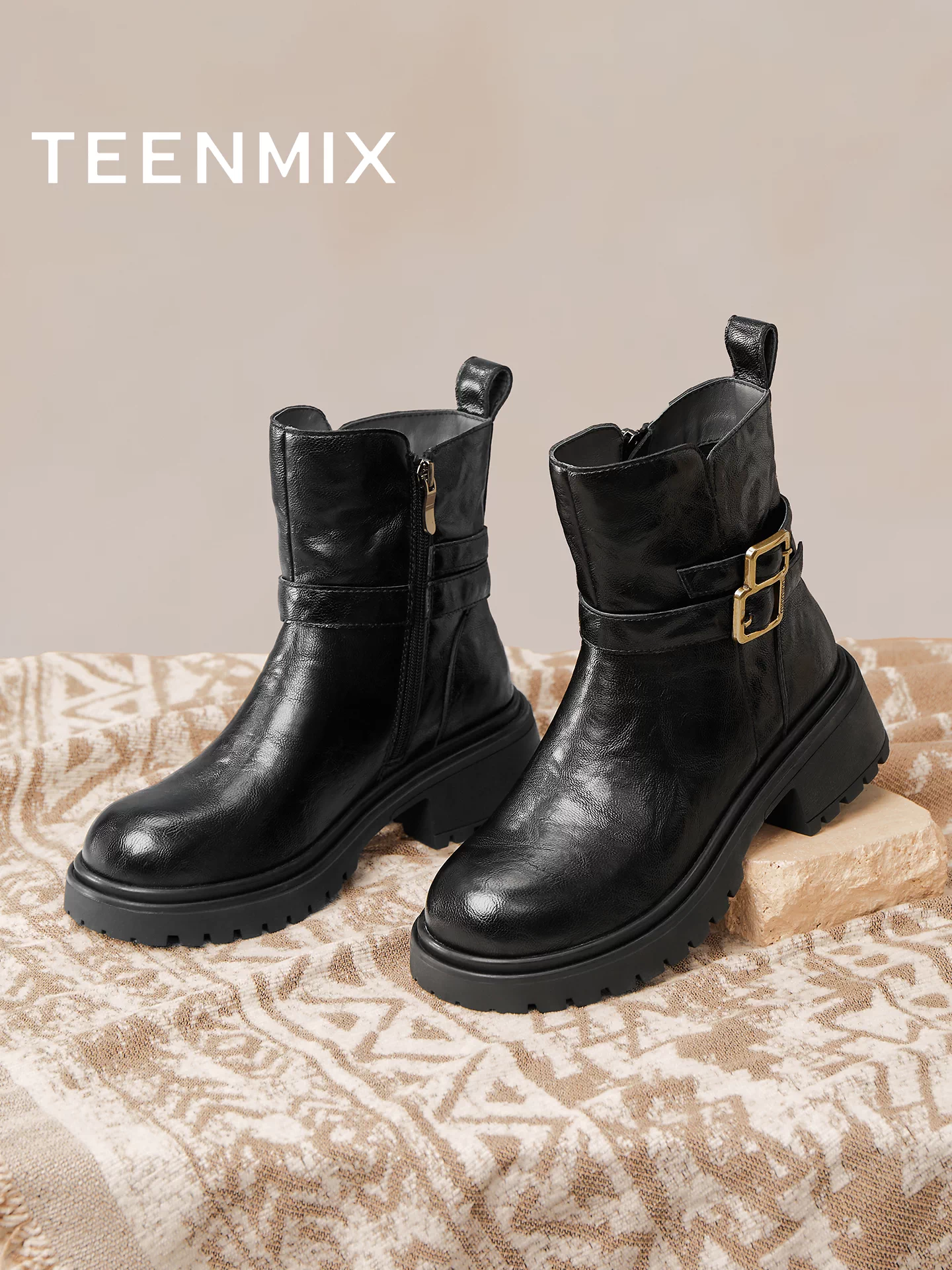 Tianmeiyi retro giày bốt đế dày kiểu phương Tây giày bốt thời trang giày nữ bốt ngắn thông thường bốt da mùa đông 2025 mẫu mới KNZ22DZ5