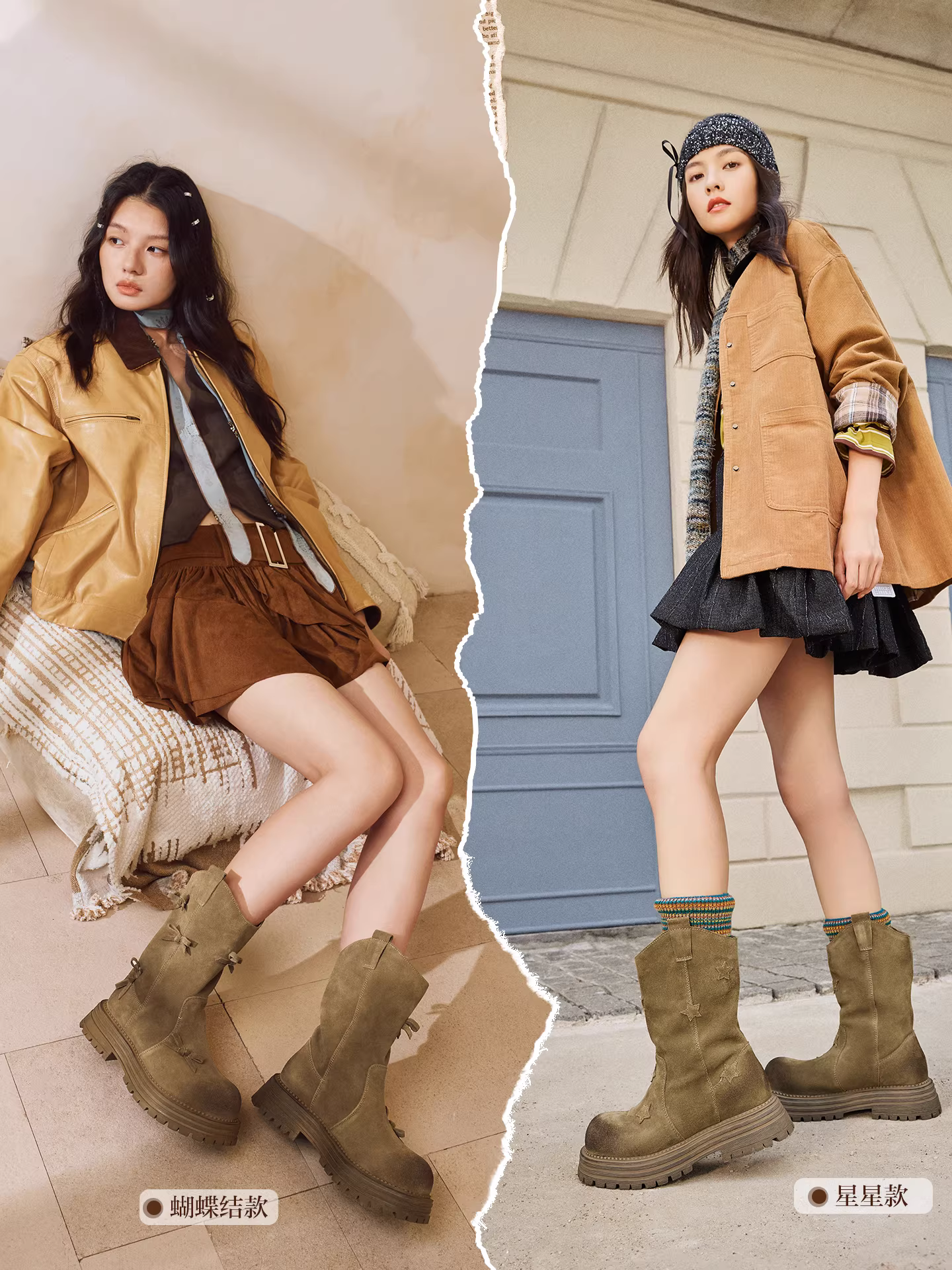 Giày bốt kiểu phương Tây đế dày kiểu nơ Tianmeiyi Barn, kiểu xếp tầng, giày bốt cưỡi ngựa nữ, bốt ngắn, mẫu mới mùa thu 25.