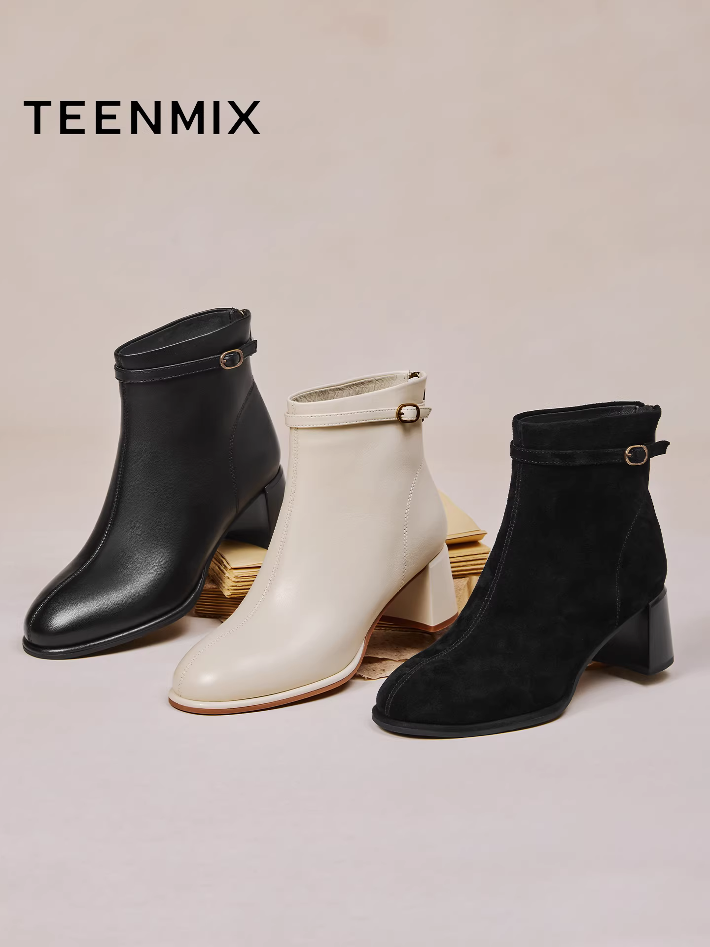 Giày bốt thời trang gót thô kiểu cổ điển Tianmeiyi, giày bốt da nữ, giày bốt cao gót ngắn, giày bốt ôm sát, mẫu mới mùa đông 2025 BK032DD5