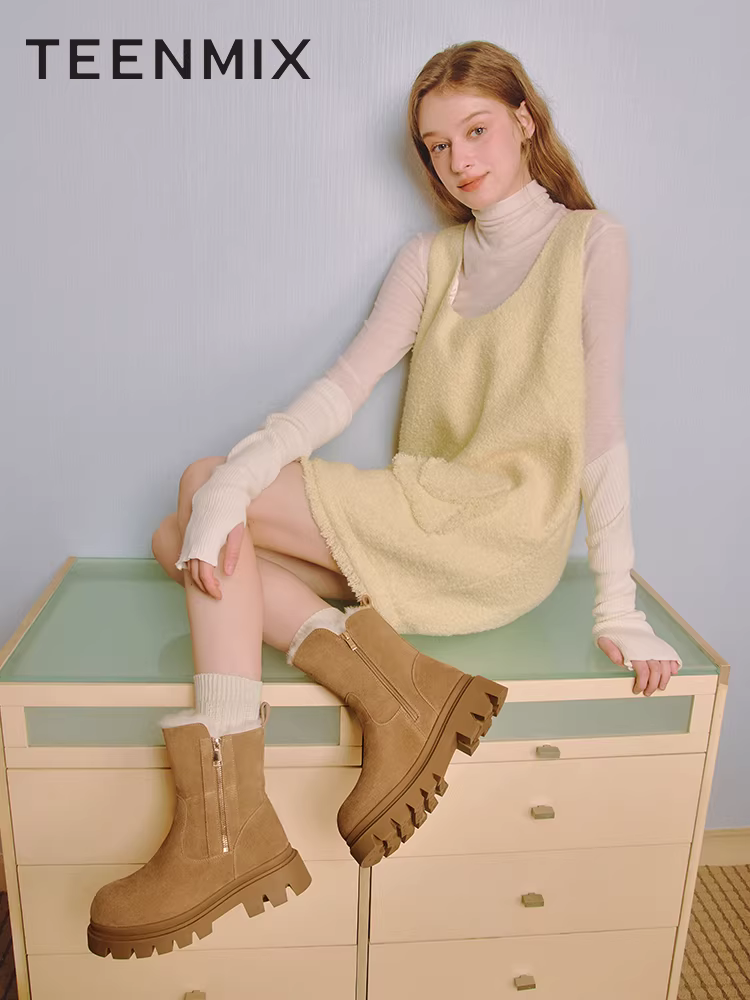 Tianmeiyi đế dày tăng chiều cao lót lông cừu ấm áp giày bốt đi tuyết giày cotton nữ bốt ngắn mùa đông mẫu mới BK141DZ4