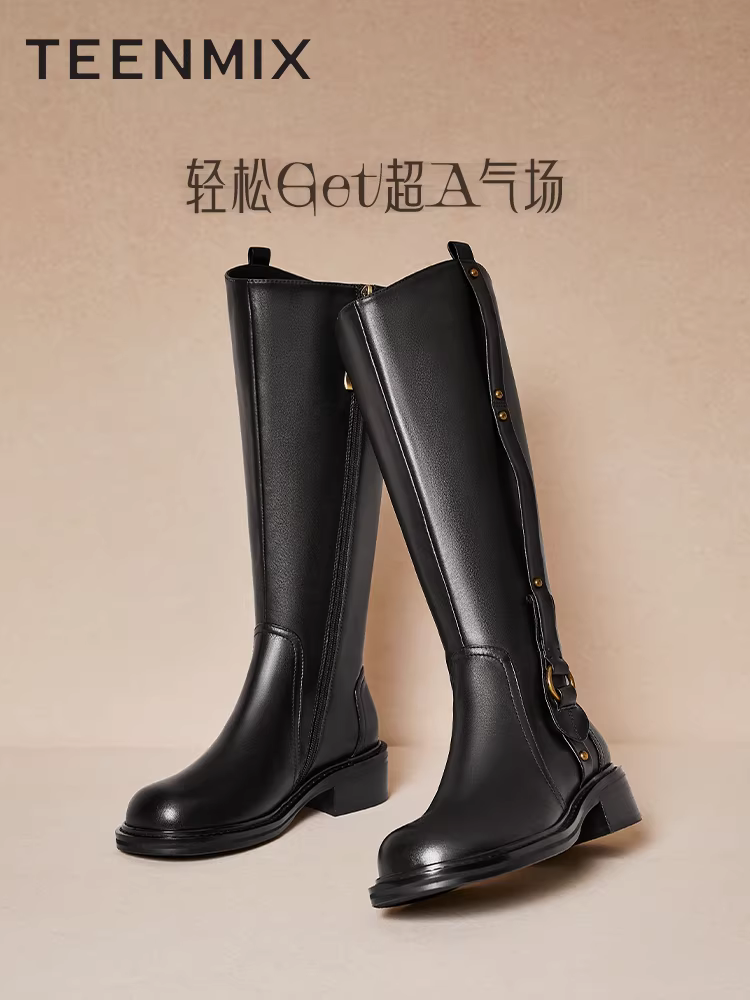 Giày bốt hiệp sĩ cổ điển dành cho xe máy Tianmeiyi có lớp lót lông cừu, bốt thời trang cổ cao dành cho nữ, bốt da, mẫu mùa đông mới.