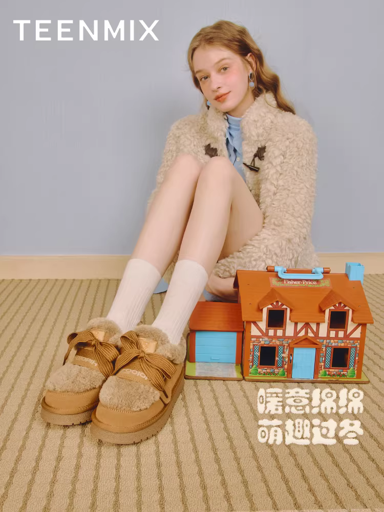 Tianmeiyi Zootopia Hợp tác Brownie Giày bốt đi tuyết lót lông cừu Giày cotton lông xù Giày bốt ngắn nữ mùa đông Phong cách mới