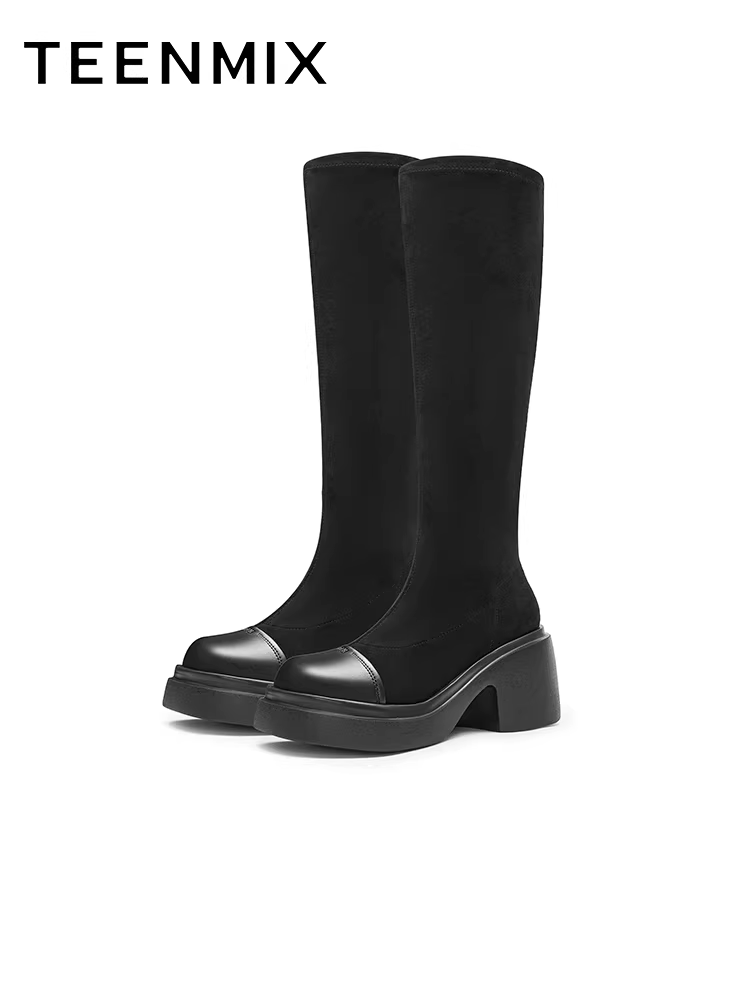 Tianmeiyi retro đế dày tăng chiều cao lót lông cừu co giãn thời trang giày bốt nữ cao cổ mùa đông mẫu mới CPB81DG4