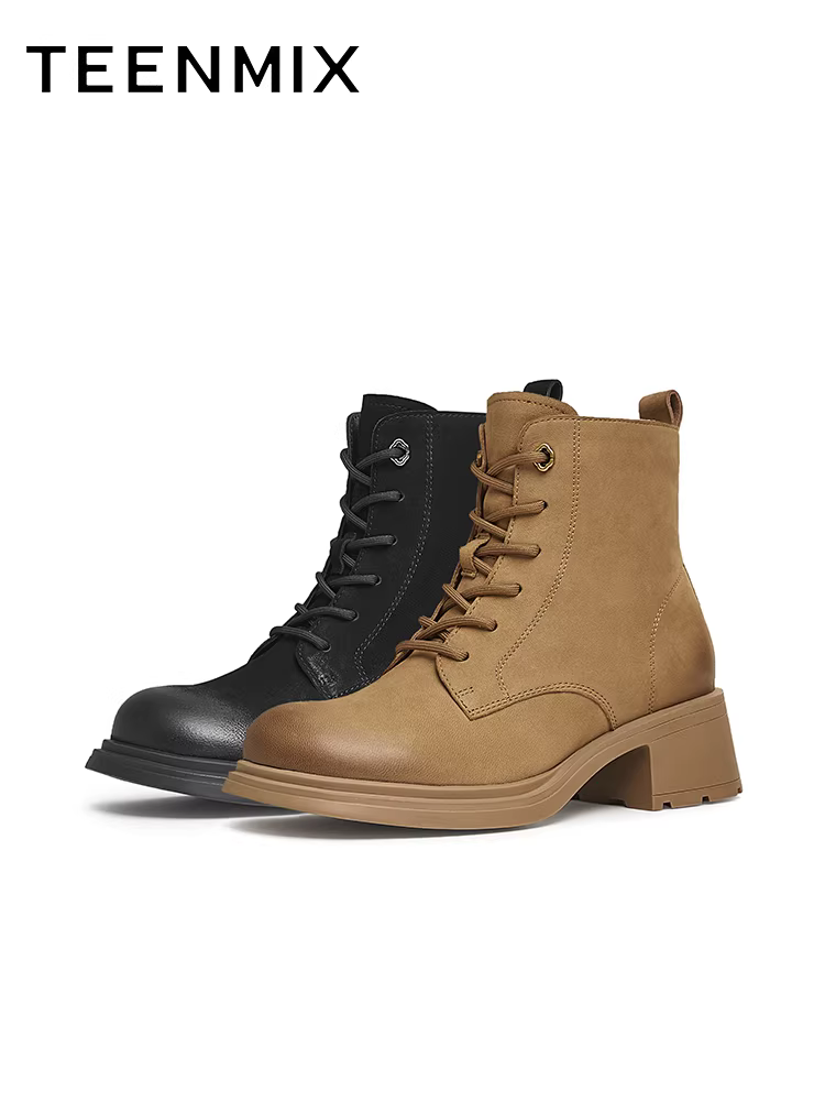 Giày bốt cổ điển Tianmeiyi, bốt màu vàng, bốt Martin lót lông cừu, giày nữ, bốt ngắn đế dày, bốt da, phong cách mùa đông mới