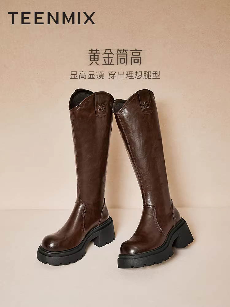 Giày bốt cưỡi ngựa lót lông cừu đế dày kiểu cổ điển Tianmeiyi, bốt dài, giày nữ, bốt thời trang cổ cao, bốt da, mẫu mùa đông mới.