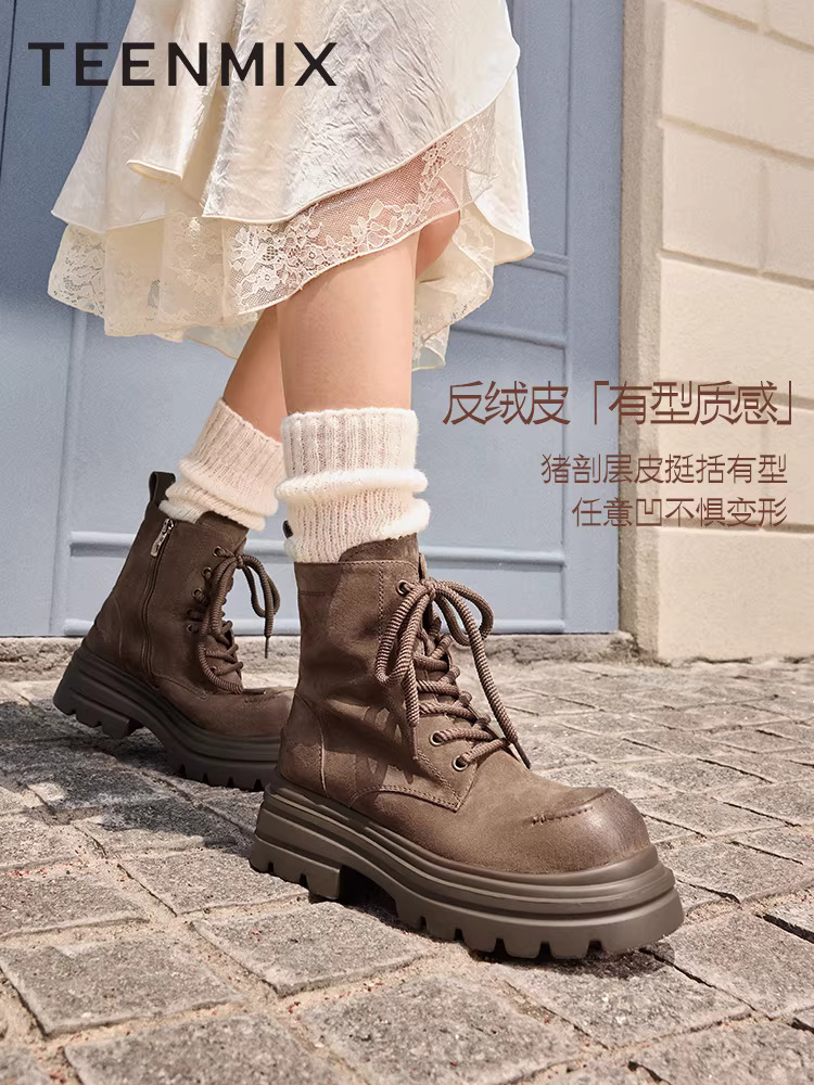 Tianmeiyi Breath of the Wild retro giày bốt Martin đế dày lót lông cừu dành cho nữ giày đi làm ngoài trời giày bốt ngắn mùa đông phong cách mới
