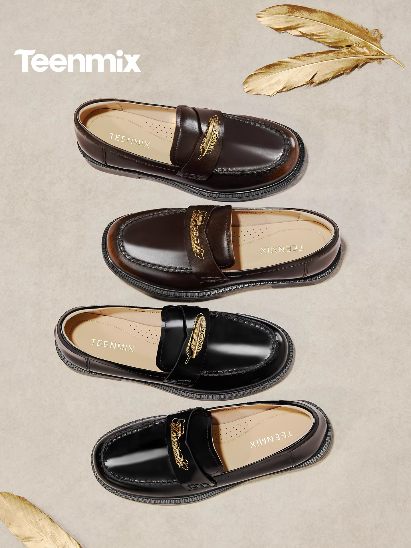 Giày Loafer Nữ Tianmeiyi Golden Feather Flat British Ivy đế mềm bằng da, kiểu dáng mới Xuân 2026