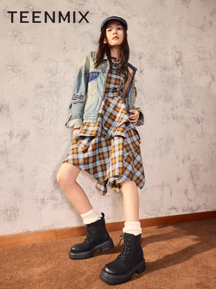 Tianmeiyi đế dày lót lông cừu Giày bốt Martin đi làm ngoài trời giày bốt màu vàng giày nữ cổ điển bốt ngắn mùa đông phong cách mới