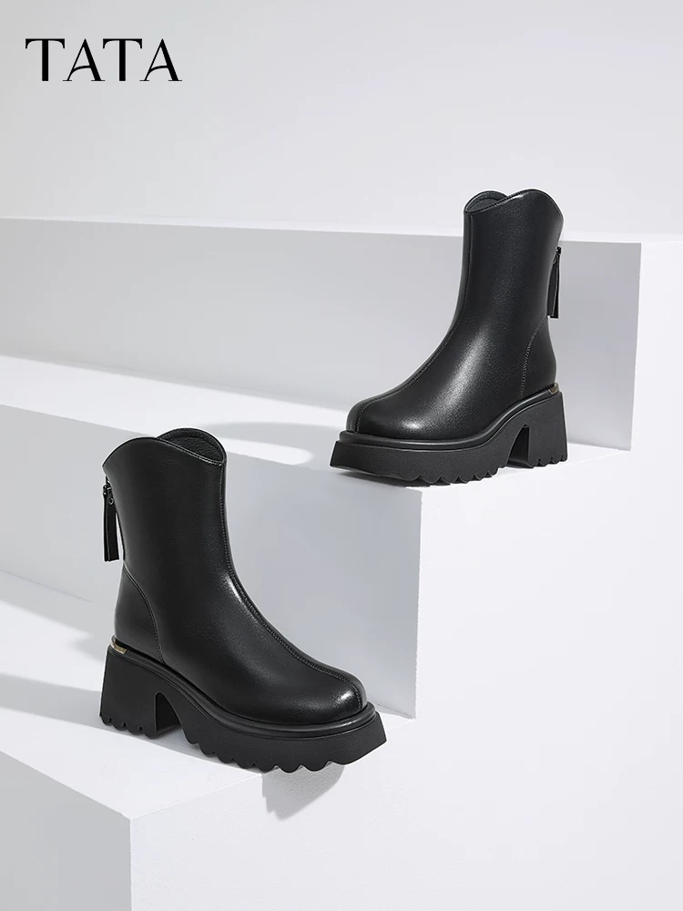 Giày bốt Tata Elastic Small V Giày bốt cổ ngắn đế dày thông thường Giày bốt nữ Giày bốt thời trang đi làm sành điệu CCN01DZ4