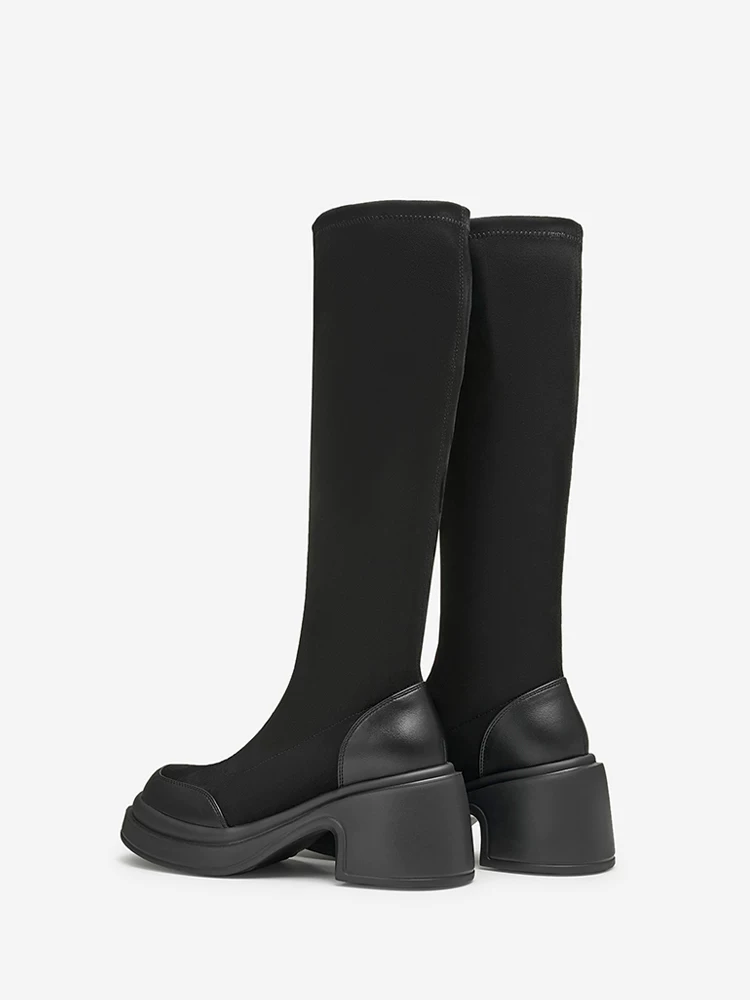 Giày bốt dài gót dày Tata giảm béo Giày bốt nữ thanh lịch Giày bốt thon gọn Giày bốt co giãn mùa đông 2024 mẫu mới WEC02DG4