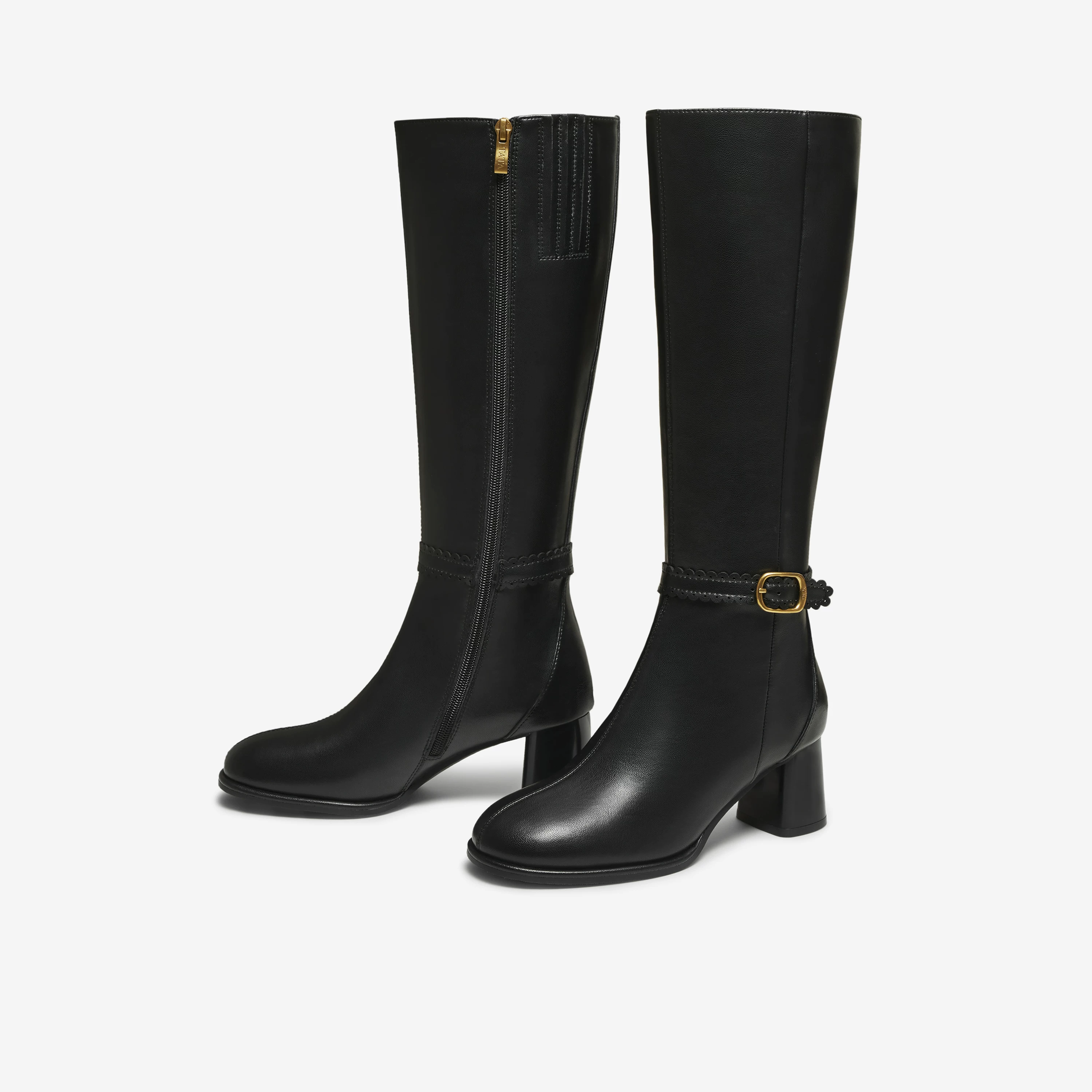 TATA giày bốt của anh ấy 2025 mùa đông đa năng giày bốt dài thời trang giày bốt dài màu đen giày bốt cưỡi ngựa UWS01DG5