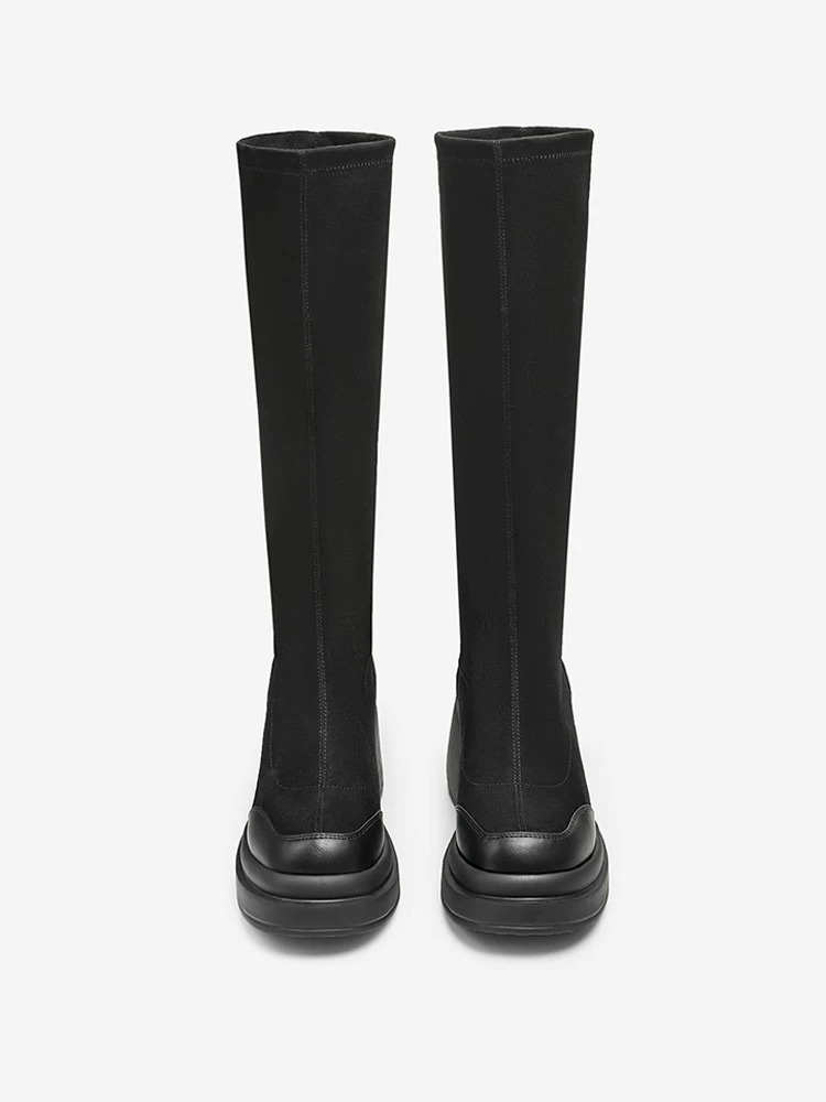 Giày bốt dài gót dày Tata giảm béo Giày bốt nữ thanh lịch Giày bốt thon gọn Giày bốt co giãn mùa đông 2024 mẫu mới WEC02DG4