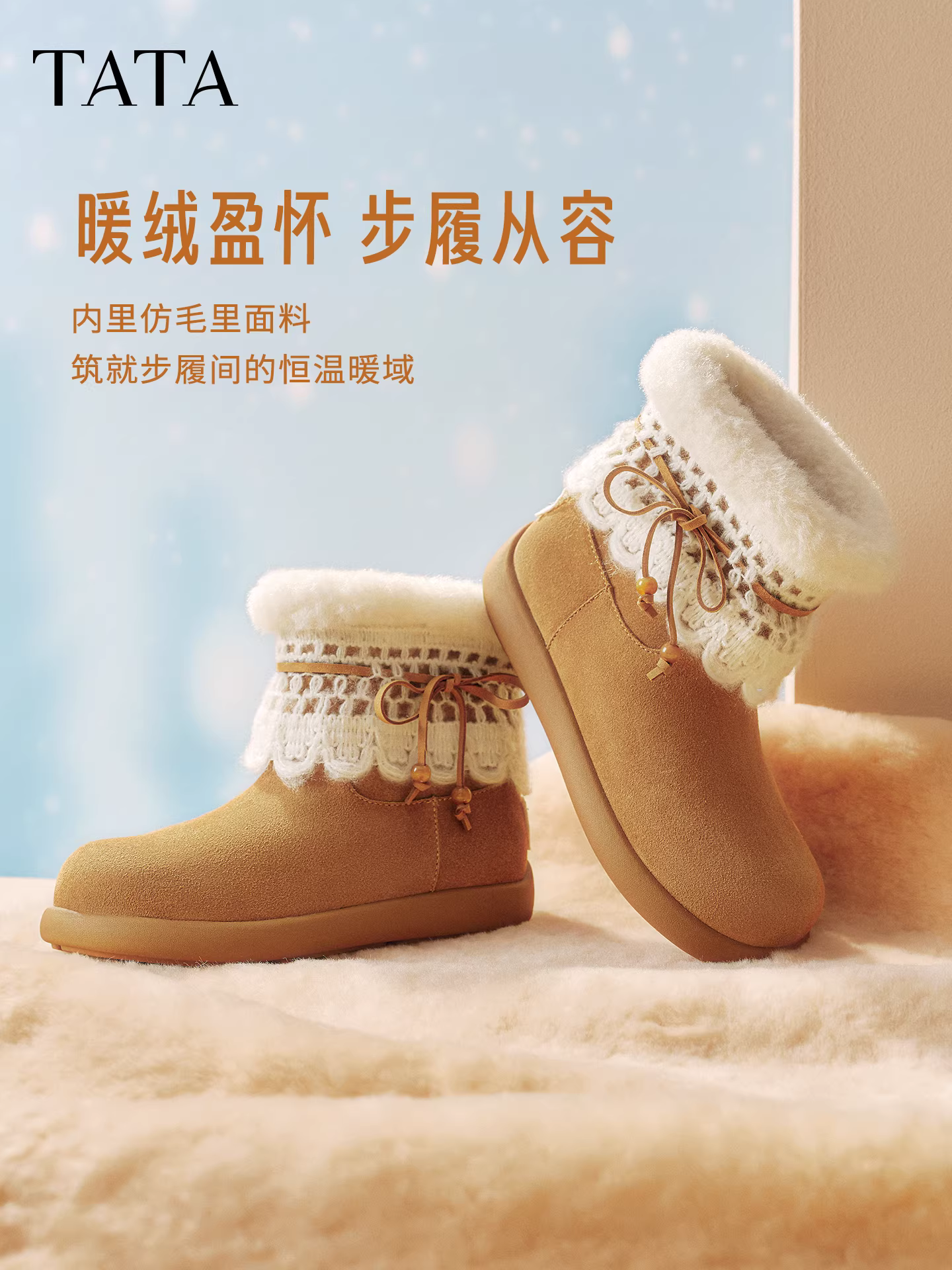 TATA ren gấu bông giày bốt đi tuyết mùa đông giày cotton nữ lót lông cừu dày thời trang giày bốt KXL02DZ5