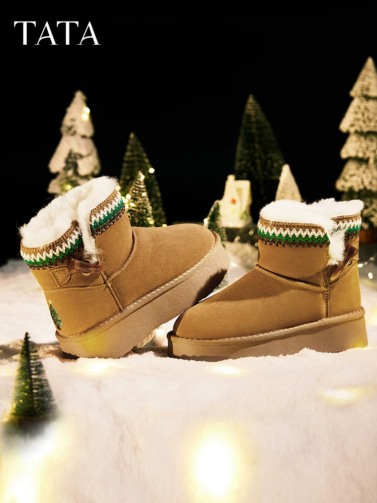 Giày bốt Giáng sinh TATA có lớp lót lông mềm, giày bốt đi tuyết ấm áp dành cho nữ, giày cotton lông đế dày, bốt ngắn mùa đông CDD03DD4