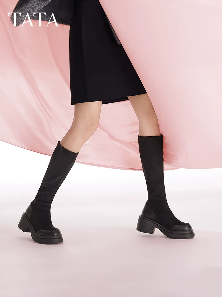 Giày bốt dài gót dày Tata giảm béo Giày bốt nữ thanh lịch Giày bốt thon gọn Giày bốt co giãn mùa đông 2024 mẫu mới WEC02DG4