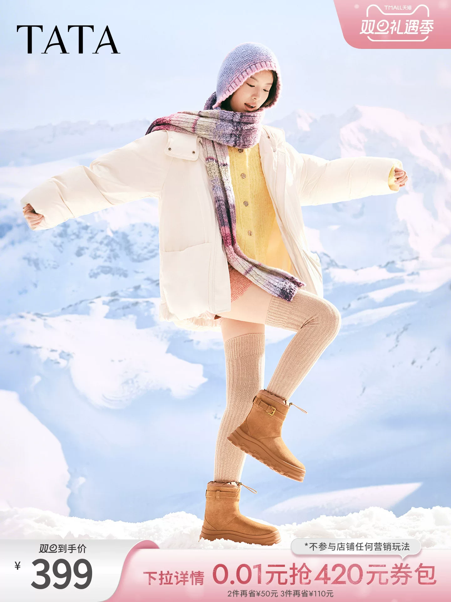 TATA giày đi tuyết mùa đông 2025 giày nữ lông thú sang trọng đế dày giày bốt ngắn giày cotton CHV01DZ5