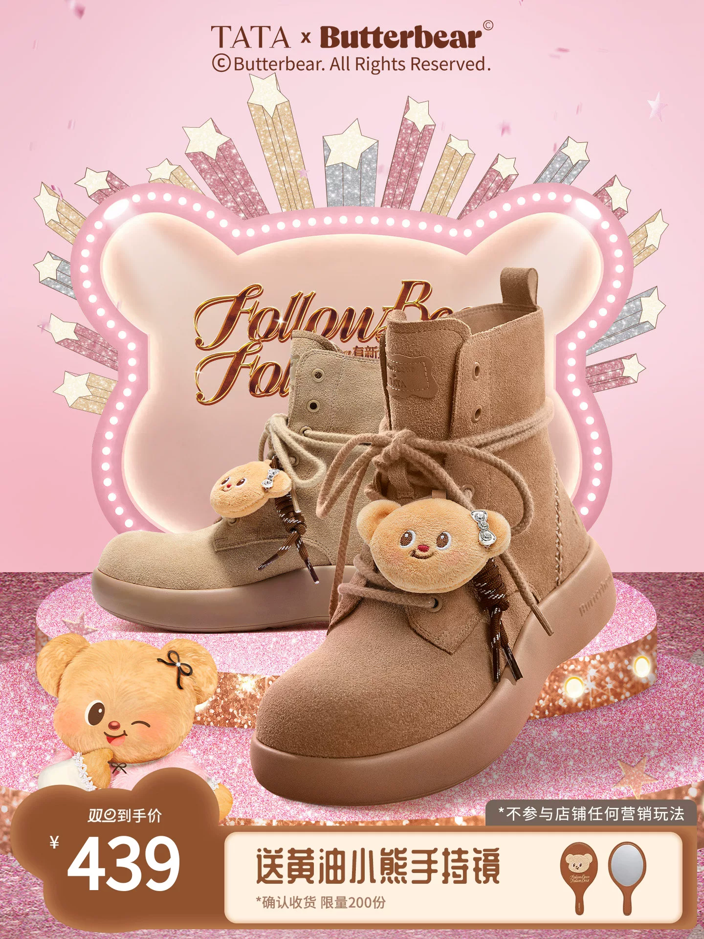 Giày bốt đi tuyết TATA Butter Bear Giày bốt mùa đông nữ có lông bông đế dày Giày bốt sang trọng ấm áp 4RY02DD5