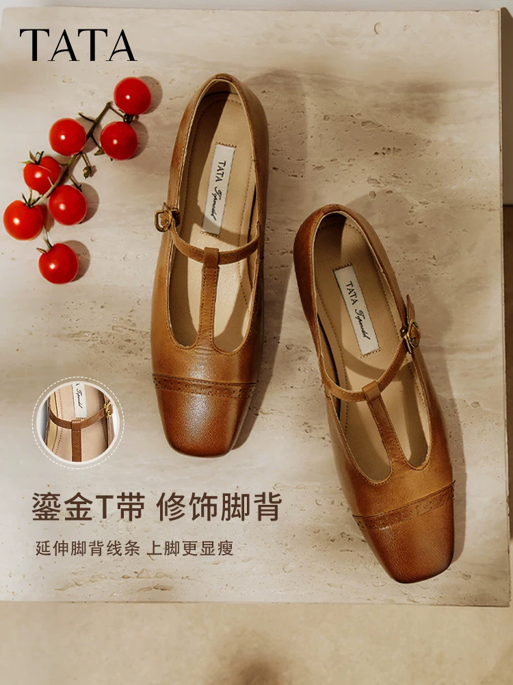 Giày Mary Jane phong cách retro TATA dành cho nữ, giày đế dày miệng nông bằng da cừu, mùa đông 2025 USC01CQ5