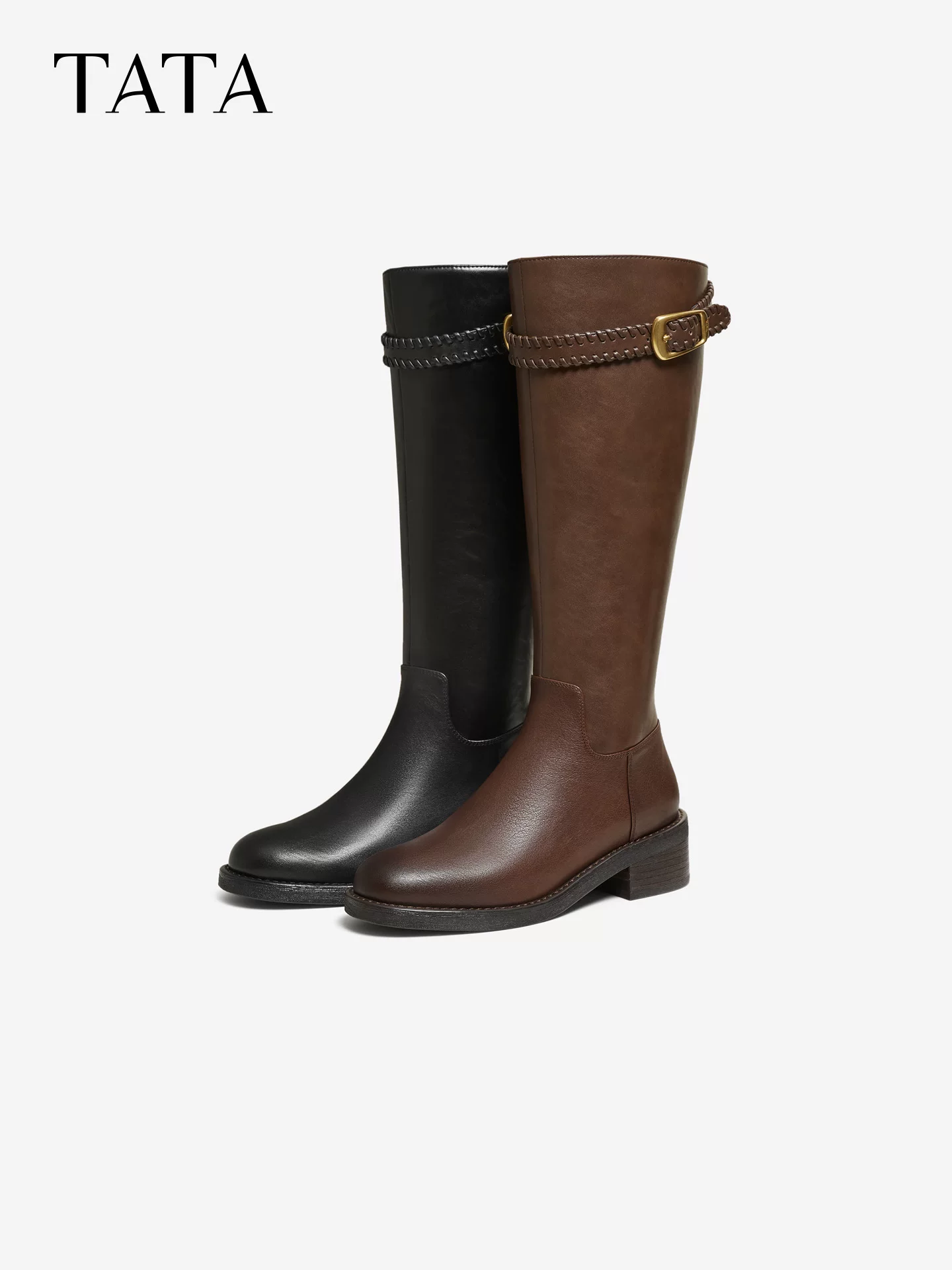 Giày bốt dài TATA 2025 Giày bốt thời trang đa năng mùa đông Giày bốt cưỡi ngựa màu nâu Giày bốt dài Giày bốt siêu phổ biến 7J680DG5