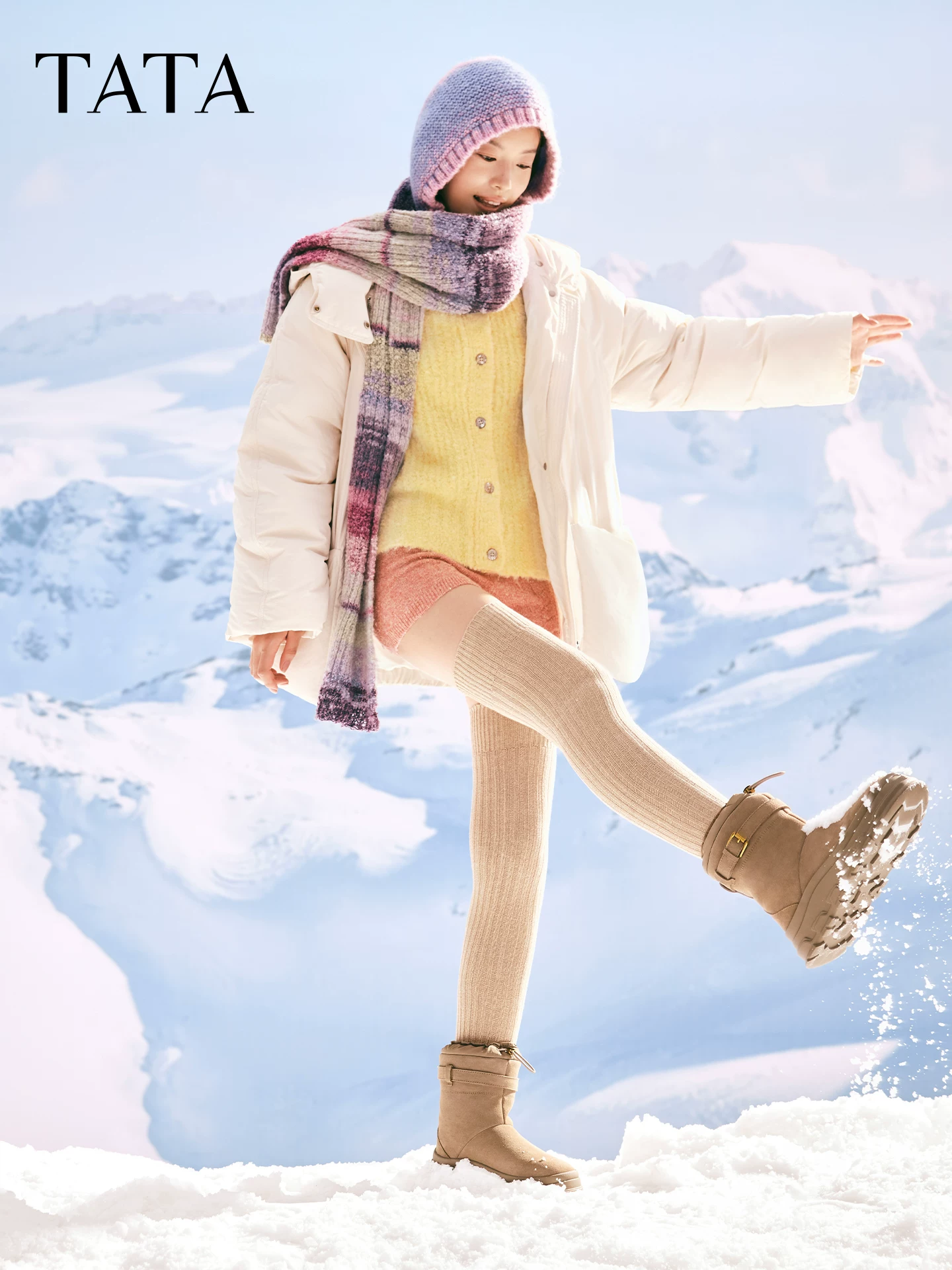 TATA giày đi tuyết mùa đông 2025 giày nữ lông thú sang trọng đế dày giày bốt ngắn giày cotton CHV01DZ5