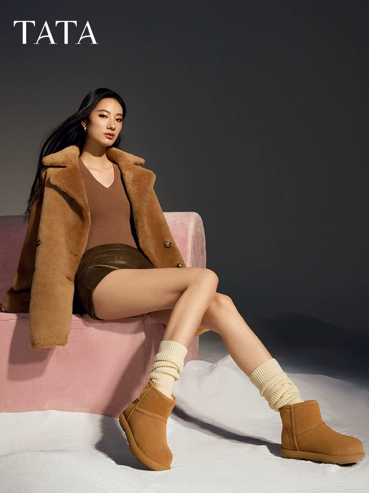 Giày bốt TATA Bear có lớp lót lông cừu, Giày bốt đi tuyết nữ, Giày bốt lông thú, Giày bốt ngắn ấm áp, Giày cotton 2024CDK01DD4