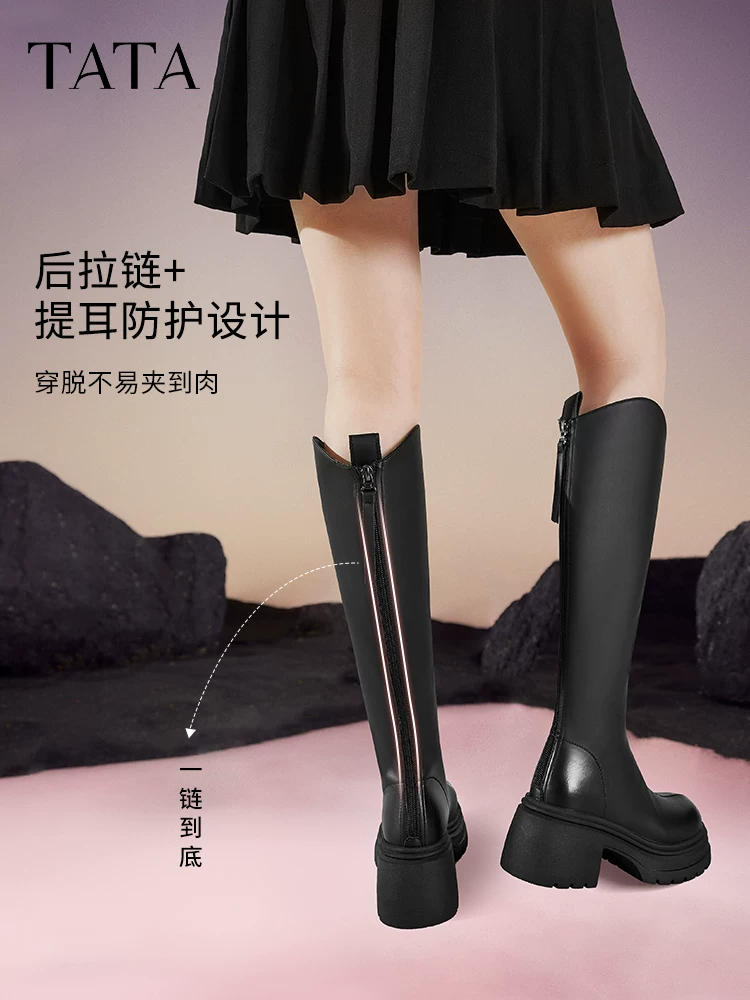 Giày bốt thời trang TATA Giày bốt chữ V nhỏ co giãn Giày bốt mềm kẹo ngọt Giày bốt dài lót lông Giày bốt cưỡi ngựa cao gót CGG01DG5