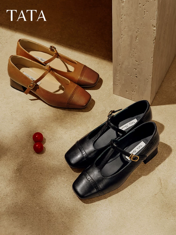 Giày Mary Jane phong cách retro TATA dành cho nữ, giày đế dày miệng nông bằng da cừu, mùa đông 2025 USC01CQ5