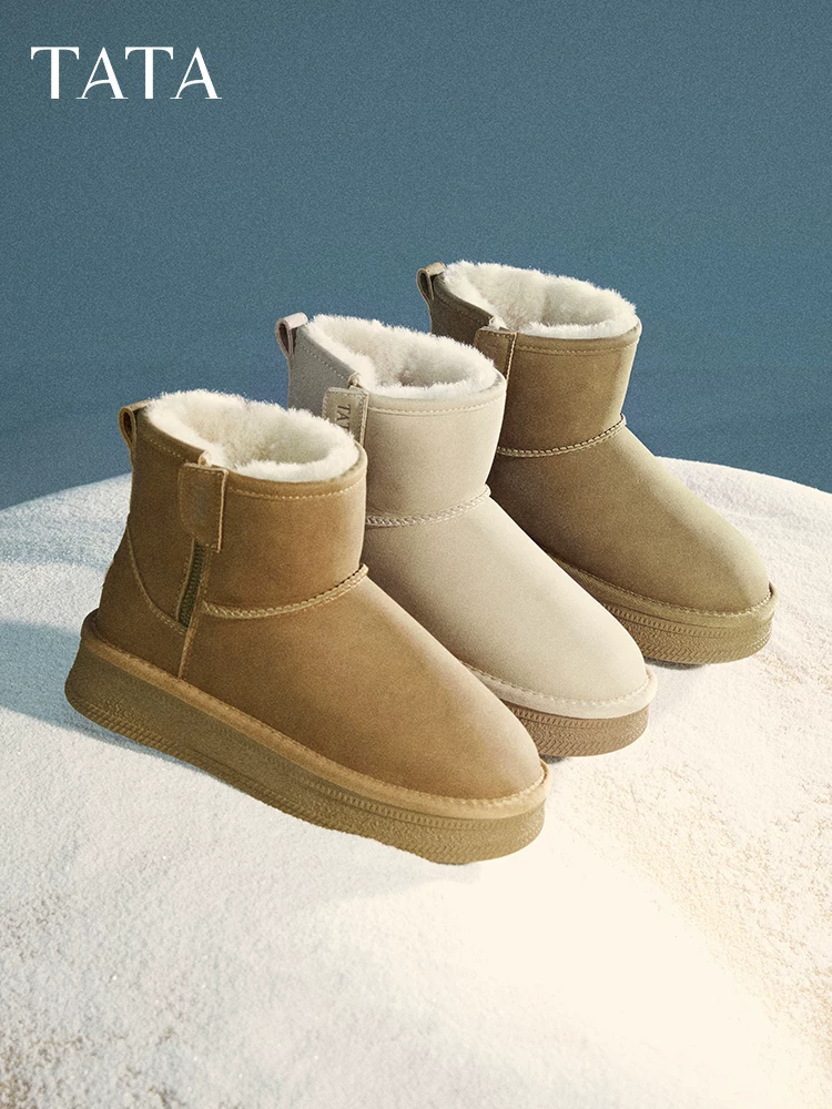 TATA Giày Bốt Ấm Áp Mùa Đông Lót Lông Cừu Giày Bốt Nữ Đế Dày Giày Boot Cổ Ngắn Ấm Lông Giày Cotton WDX26DD4
