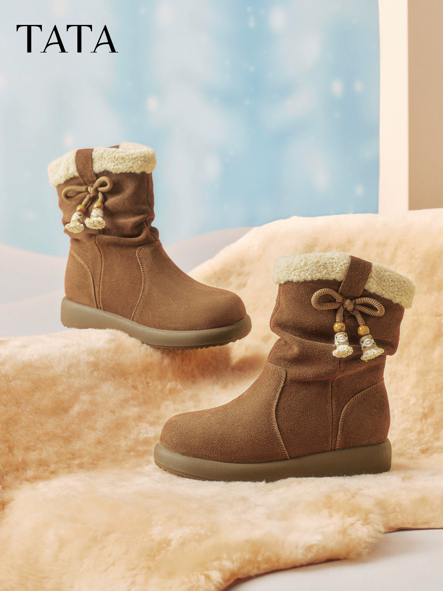 Giày bốt đi tuyết TATA Bear Giày bốt đế dày lót lông cừu mùa đông Giày bốt cổ ngắn kiểu phương Tây ấm áp CHD02DZ5
