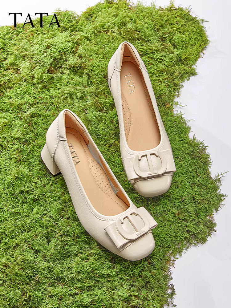 Giày thường ngày màu trắng TATA dành cho nữ, giày đi làm, giày cao gót đế dày da thật mới X8MA6AQ5