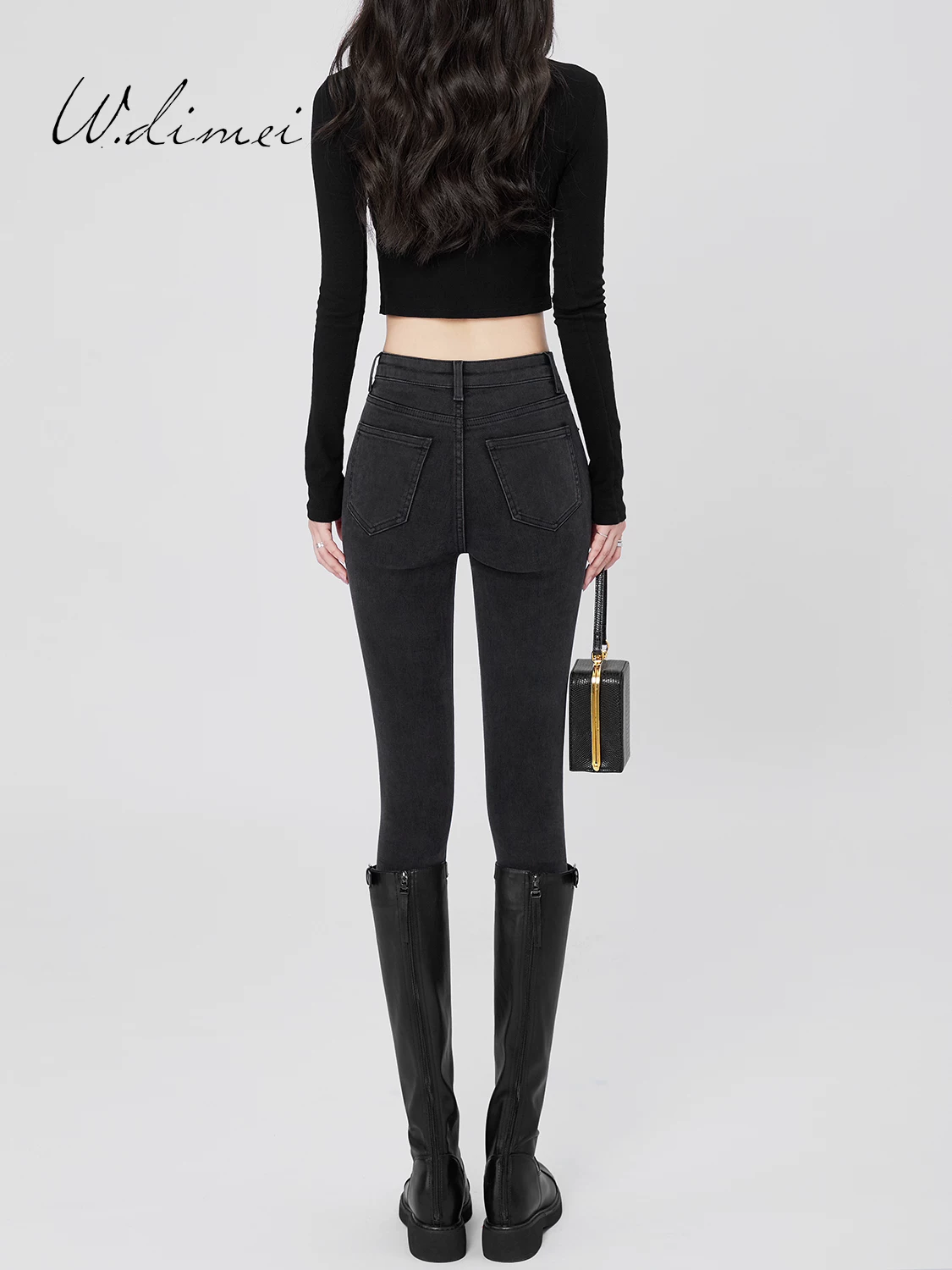 Quần jean skinny cạp cao nữ, dài đến mắt cá chân, kiểu mới xuân thu 2025, màu xám đen, tôn dáng, co giãn, kiểu dáng ôm sát.
