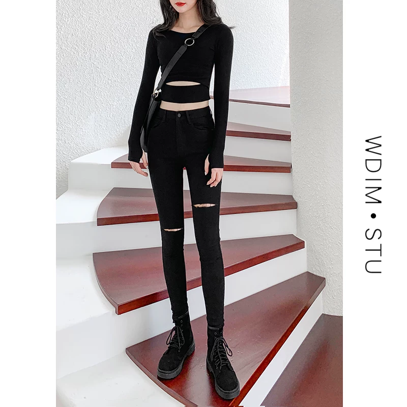 Quần jeans rách nữ, kiểu lửng, ôm dáng, cạp cao màu đen, kiểu mới xuân thu 2025, quần bút chì tôn dáng.