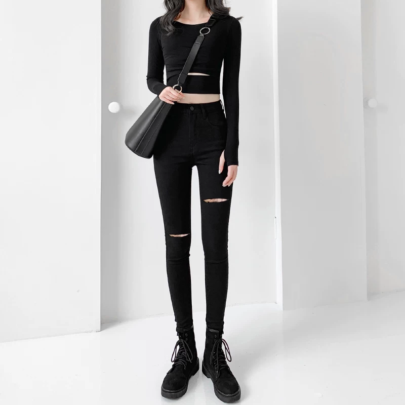 Quần jeans rách nữ, kiểu lửng, ôm dáng, cạp cao màu đen, kiểu mới xuân thu 2025, quần bút chì tôn dáng.