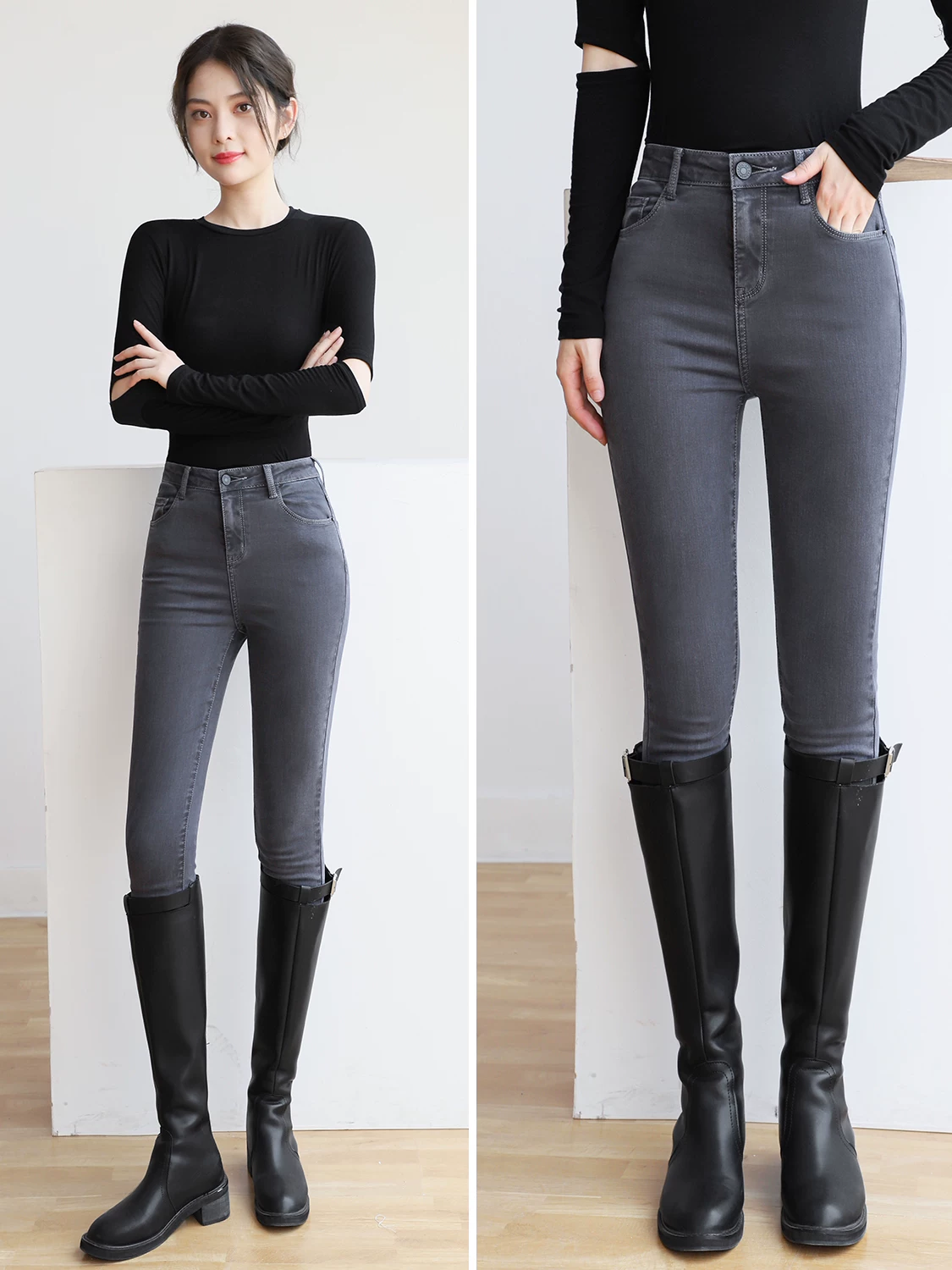 Quần jean skinny cạp cao nữ, dài đến mắt cá chân, kiểu mới xuân thu 2025, quần bút chì màu xám khói, quần tôn dáng.