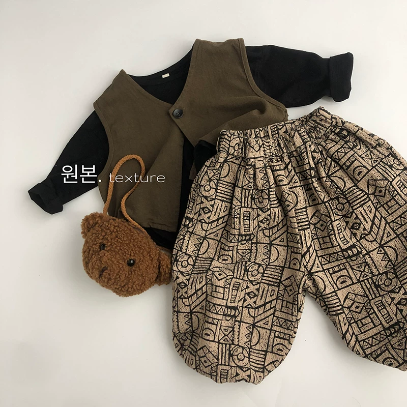 Quần đèn lồng trẻ em phong cách Hàn Quốc in hình học trừu tượng thủ công mùa xuân thu cotton linen hợp thời trang unisex dáng rộng đa năng