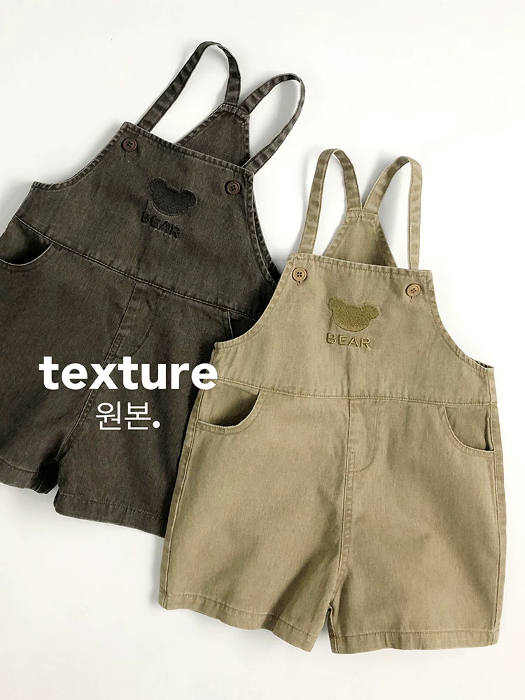 Gấu dễ thương phong cách retro~Thêu tinh xảo~Quần yếm denim mùa hè phong cách Hàn Quốc cho trẻ em Quần short thời trang Unisex cho bé có dây đeo