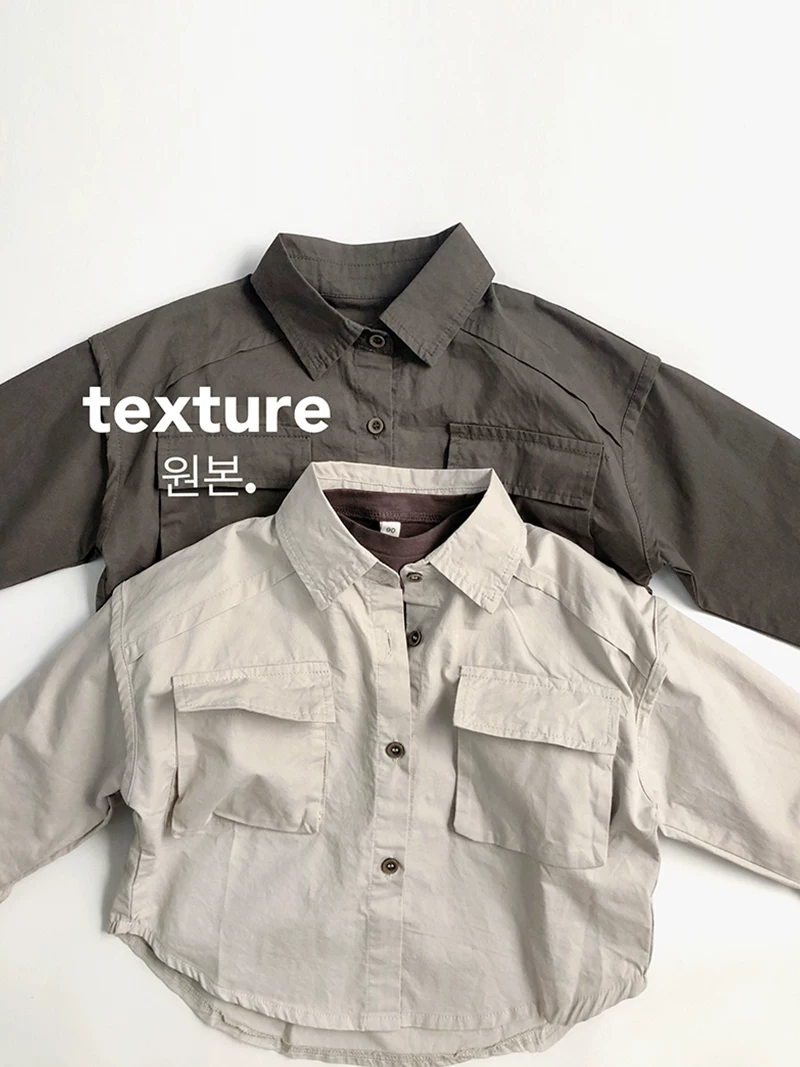 Thiết kế túi đựng đồ đi làm sành điệu~Áo sơ mi dài tay phong cách retro trẻ em phong cách Hàn Quốc mùa xuân thu, áo khoác unisex hợp thời trang loại A