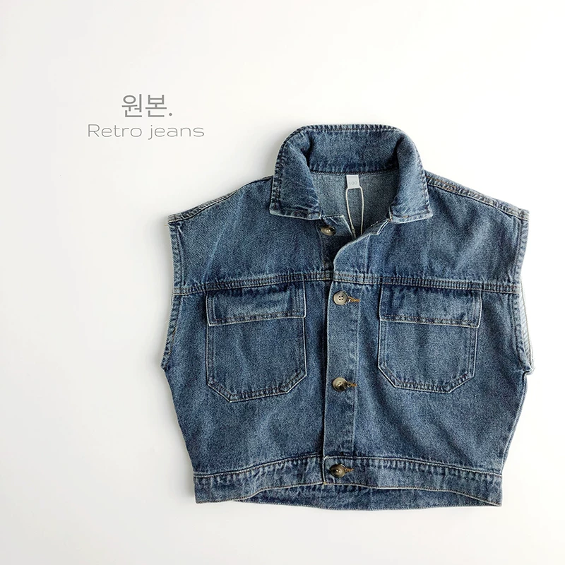 Thiết kế vai trễ rất đẹp~ màu denim cổ điển~ Áo gile trẻ em phong cách Hàn Quốc mới dành cho bé trai và bé gái mùa xuân thu, thời trang và rộng rãi.