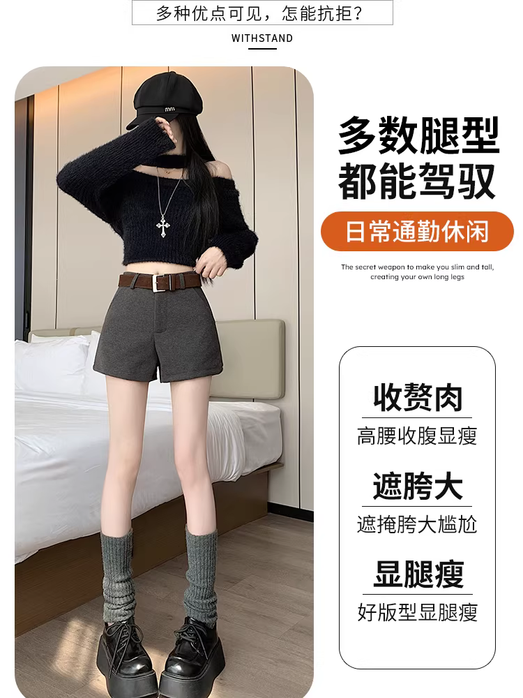 Quần short len màu xám cho nữ, áo khoác ngoài mùa thu đông, quần bốt len Martin cạp cao mới năm 2025 dành cho nữ.