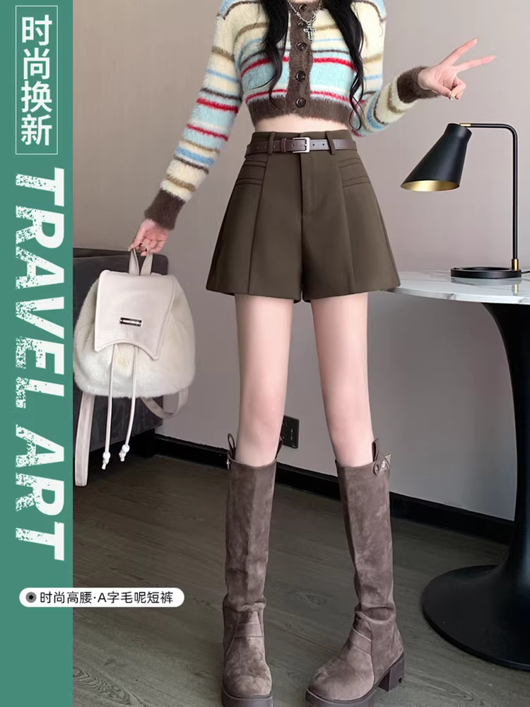 Quần short len màu nâu dành cho nữ, áo khoác ngoài mùa thu đông, quần nữ cạp cao mới năm 2025 để phối với ủng, quần nữ phối ủng.