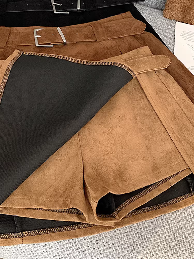 Váy da lộn màu nâu dành cho nữ, quần váy da xẻ tà mùa thu đông, quần váy da lộn ngắn lưng cao, váy ngắn ôm hông hot girl