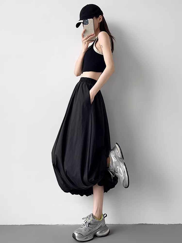 Váy đen nhanh khô dành cho nữ, váy dài trung bình mùa xuân hè, váy nụ hoa, váy tutu kiểu mới 2025, váy đèn lồng, váy dài