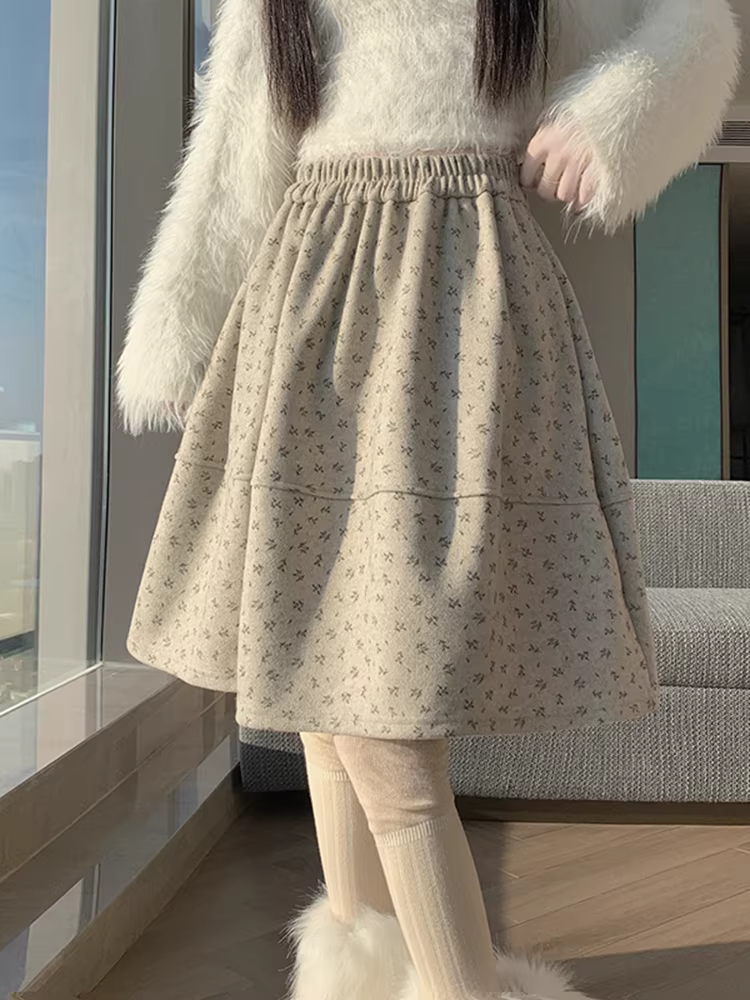 Váy midi len hoa cho nữ, váy dù, váy len rất xinh, váy năm điểm, váy chữ A, váy dài vừa phải.