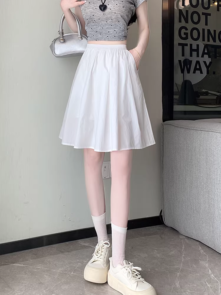 Váy nửa thân màu trắng dành cho nữ, váy năm điểm mùa hè, váy midi, váy nửa thân kiểu mới 2025, váy xòe rộng, váy xòe dáng A.