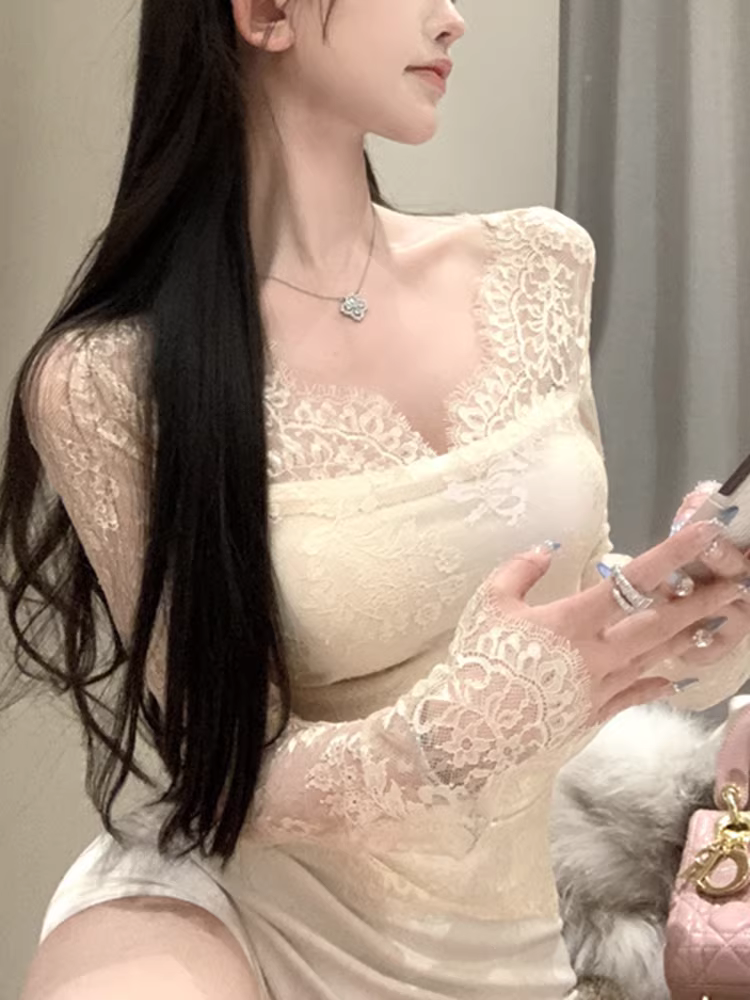 Áo sơ mi ren đen dành cho nữ, áo sơ mi dài tay mùa xuân, mùa thu và mùa đông dành cho nữ, áo khoét hở gợi cảm dành cho phụ nữ trẻ, đặc biệt là áo xuyên thấu