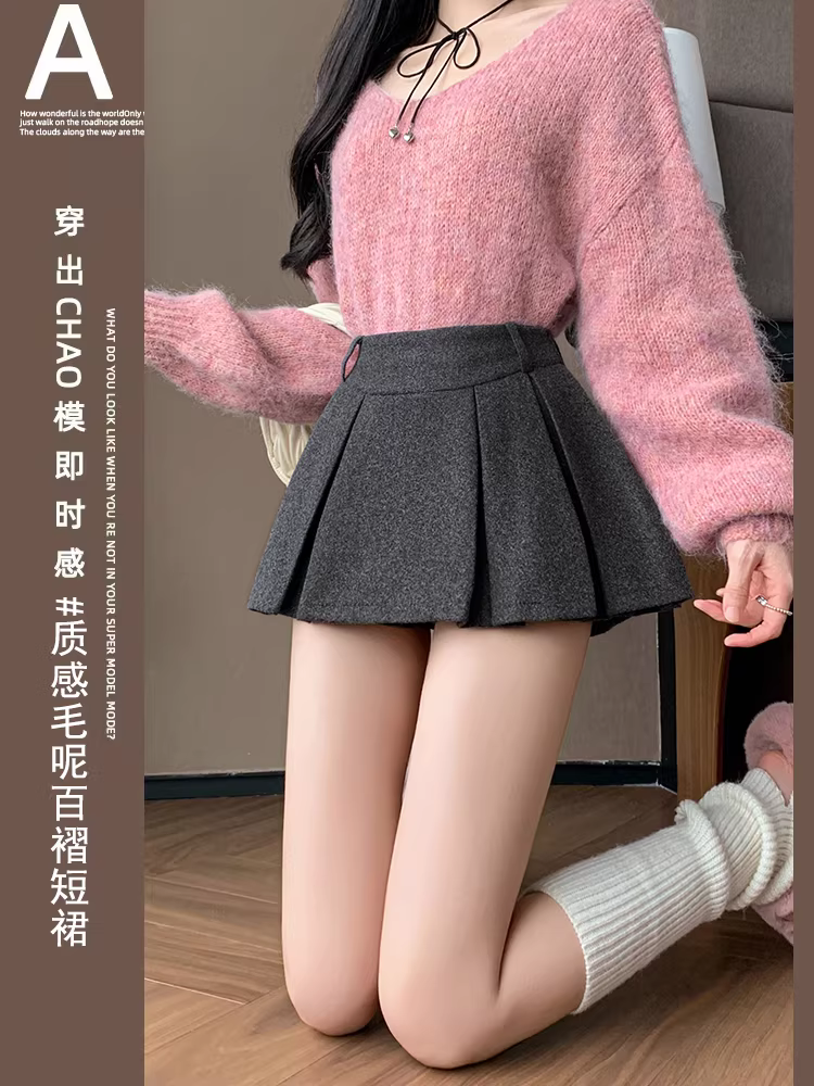 Váy len màu xám cho nữ, váy len xếp ly mùa thu đông, váy rất đẹp, váy Jjk, váy siêu ngắn lưng cao