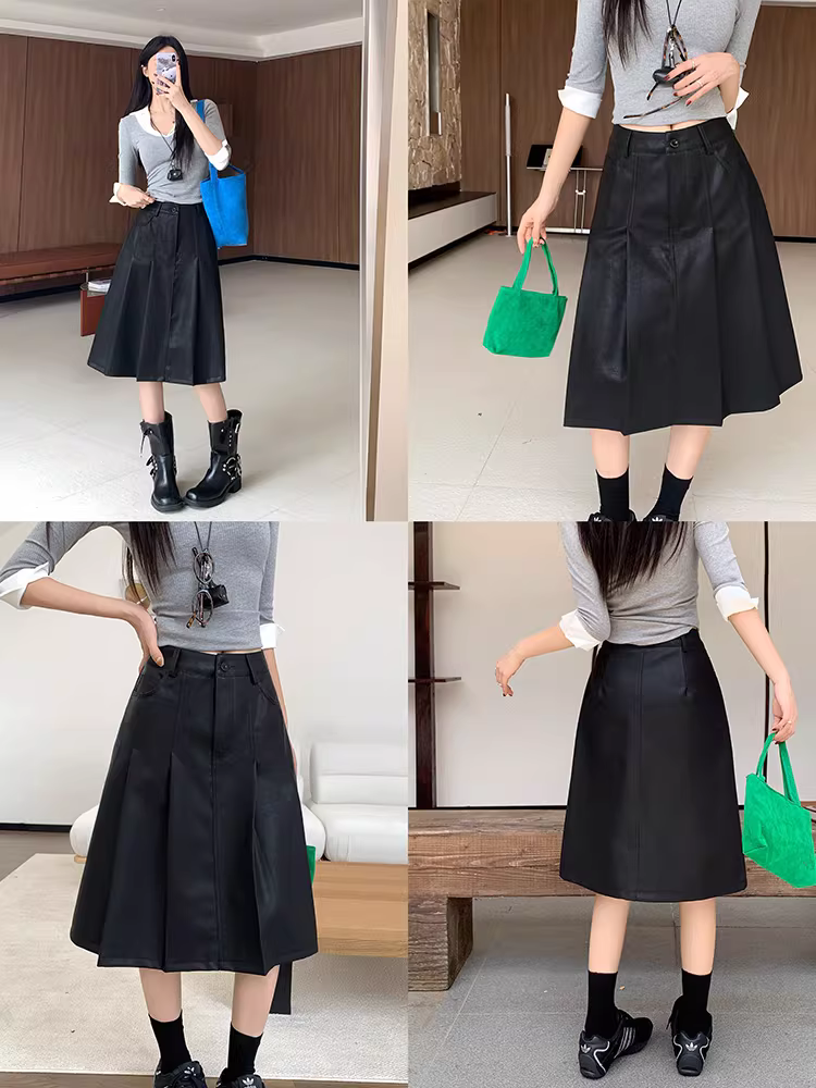 Váy da đen, váy xếp ly da PU thu đông nữ, váy dù dài ngang đùi, váy nửa thân rất đẹp, váy dài ngang đùi.