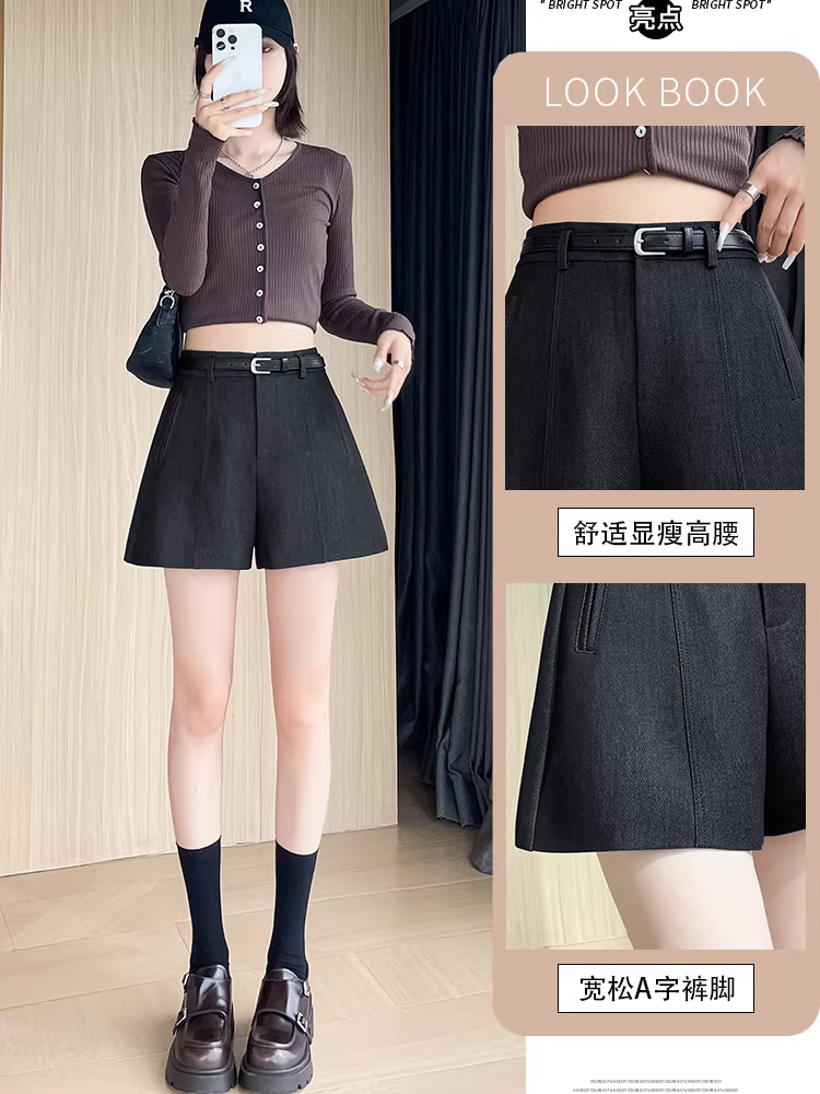 Quần short vest đen nữ, áo khoác ngoài xuân thu, quần nữ ống rộng dáng chữ A cạp cao mới năm 2025, quần short, quần kiểu Martin.