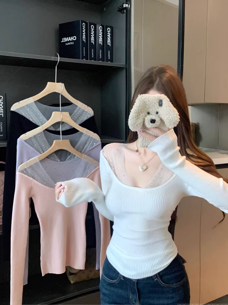 Áo dệt kim cổ chữ V giả hai mảnh dành cho nữ, áo sơ mi dài tay mùa xuân thu, cổ áo cực thấp gợi cảm, áo mềm mại và xù xì.