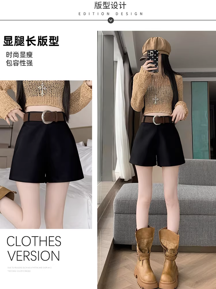 Quần short len trắng nữ, thích hợp cho mùa thu đông, kiểu mới 2025, cạp cao, quần nữ rất thời trang, có thể phối cùng với giày bốt.